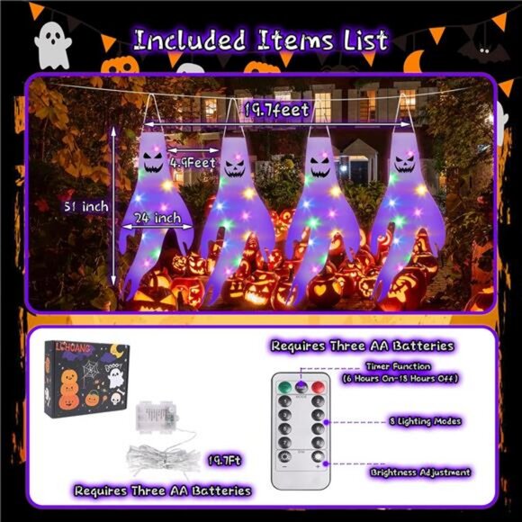 Halloween Decorations Ghost Windscoks Lights 19.4Ft Outdoor Hanging Ghost Lights - Picture 7 of 8